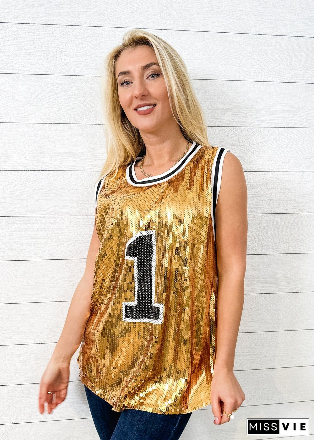 Sparkle Glitter Hip Hop Number 1 T-Shirt Top Blouse Tunic Sequins Basketball Tank Vests