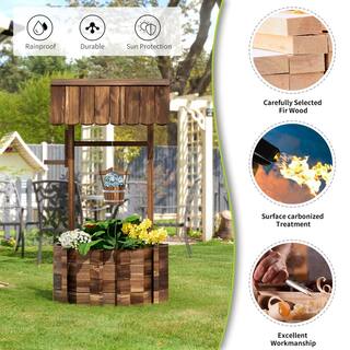 Sizzim Outdoor Wishing Well Wooden Planter with Hanging Bucket for Garden Patio Yard Decor Upgrade - Reinforced Base SM-28002