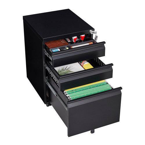 3-Drawer Black 24 in. H x 18 in. W x 15 in. D Metal Mobile File Cabinet Locking Filing Cabinet with Wheels FY-W124770976