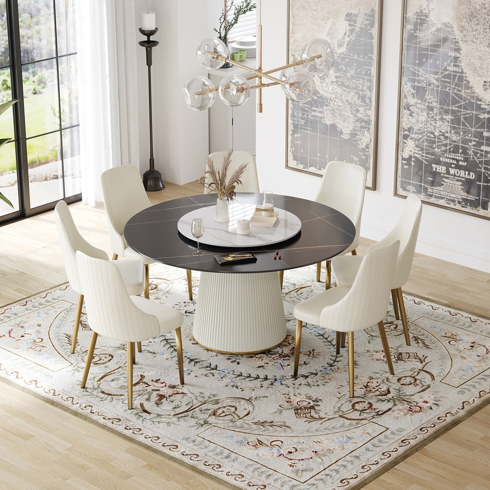 59'' Modern Round Dining Table for 8  Black Sintered Stone Tabletop with Lazy Susan