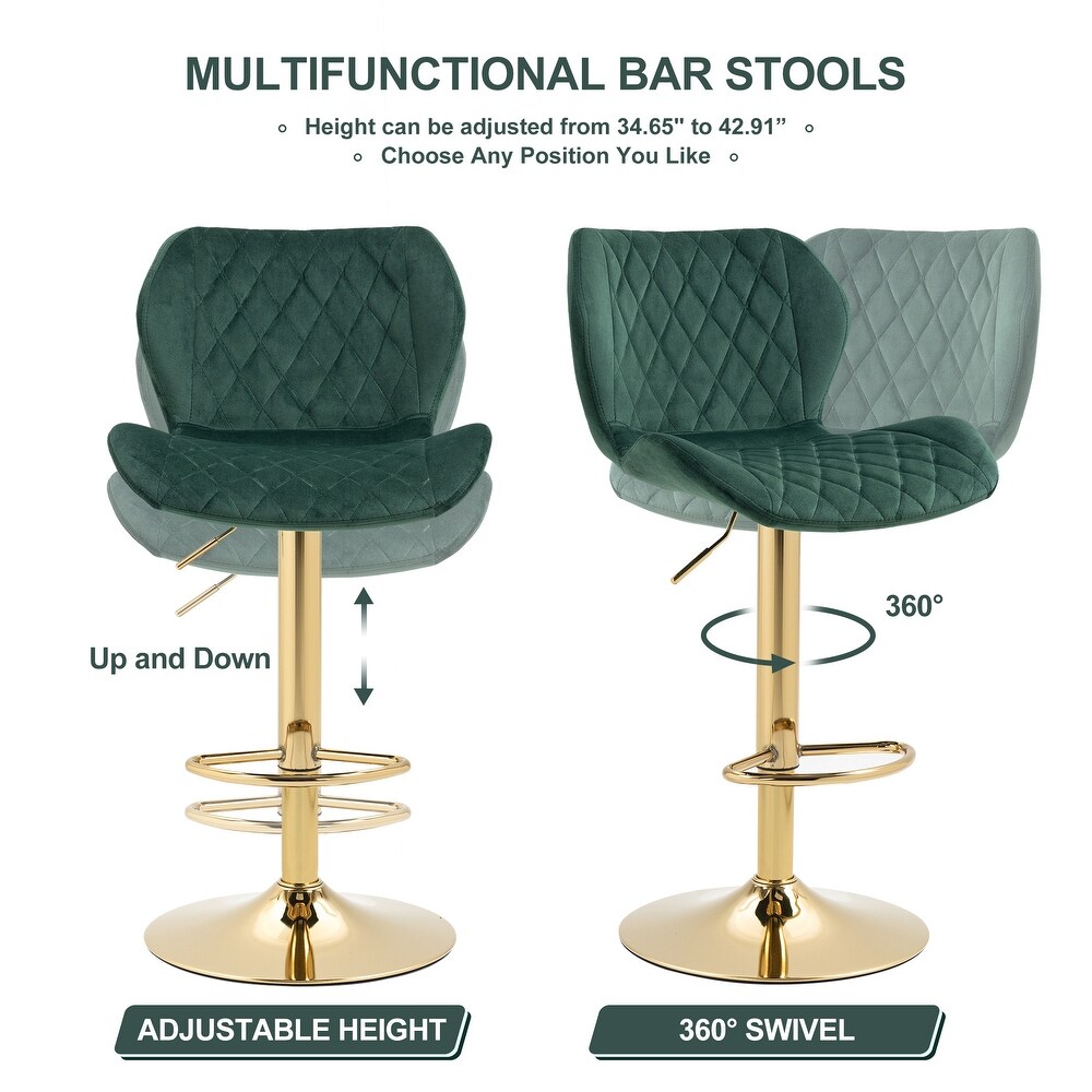 Velvet Adjustable Swivel Bar Stools Set Of 2 Modern Counter Height Barstools With Golden Color Base for Living Room  Kitchen