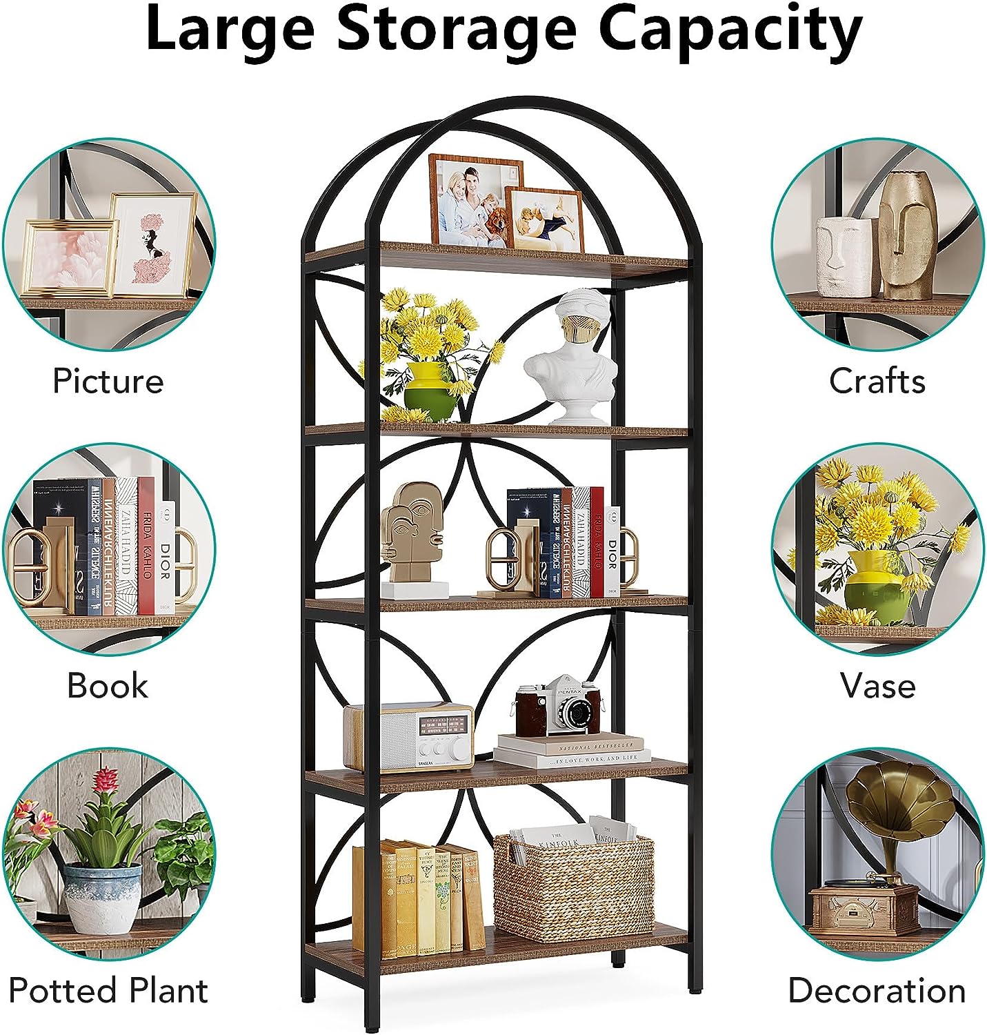 5-Tier Bookshelf, 75 Tall Arched Bookcase Display Rack