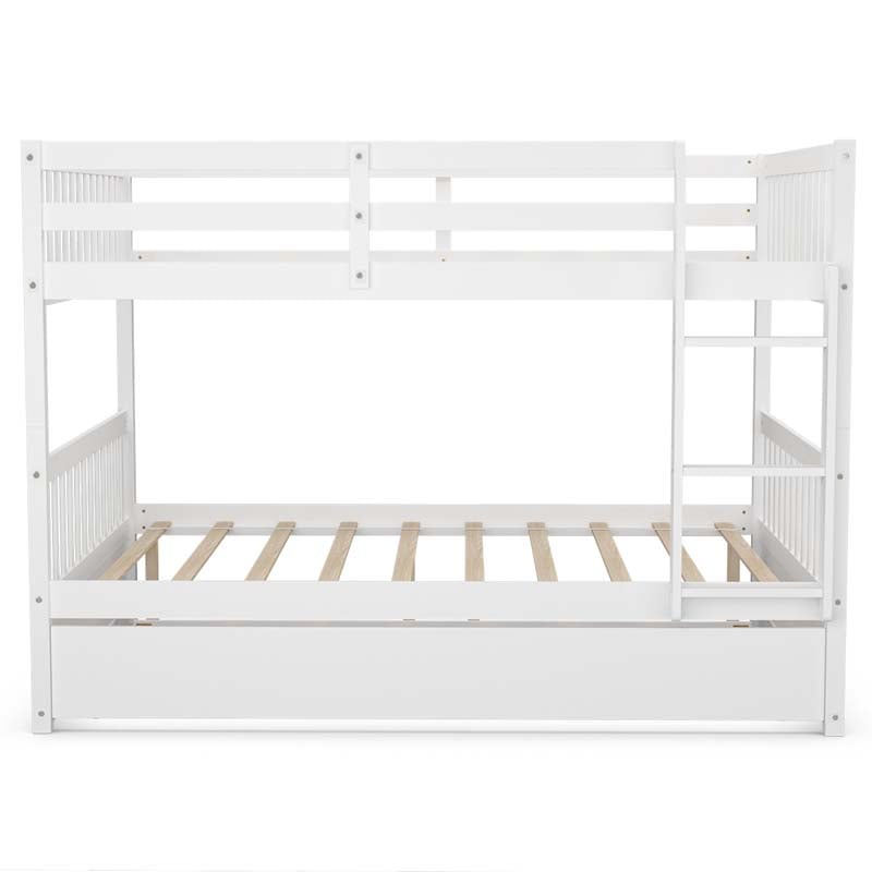 Solid Wood Full Over Full Bunk Bed Frame with Trundle, Safety Ladder & Guardrails, Convertible Bunk Bed for Kids Teens