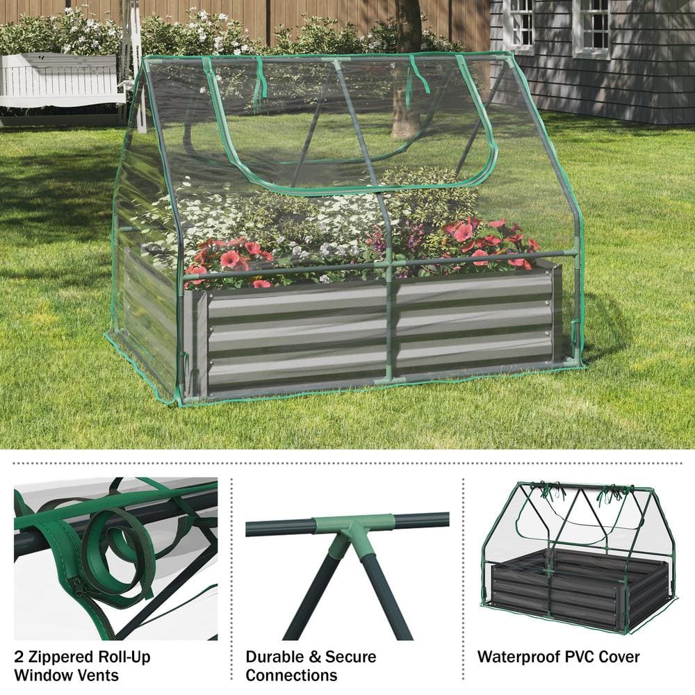 HOME-COMPLETE 4 ft. x 3 ft. Galvanized Steel Raised Garden Bed with Removable Greenhouse 50-LG1334