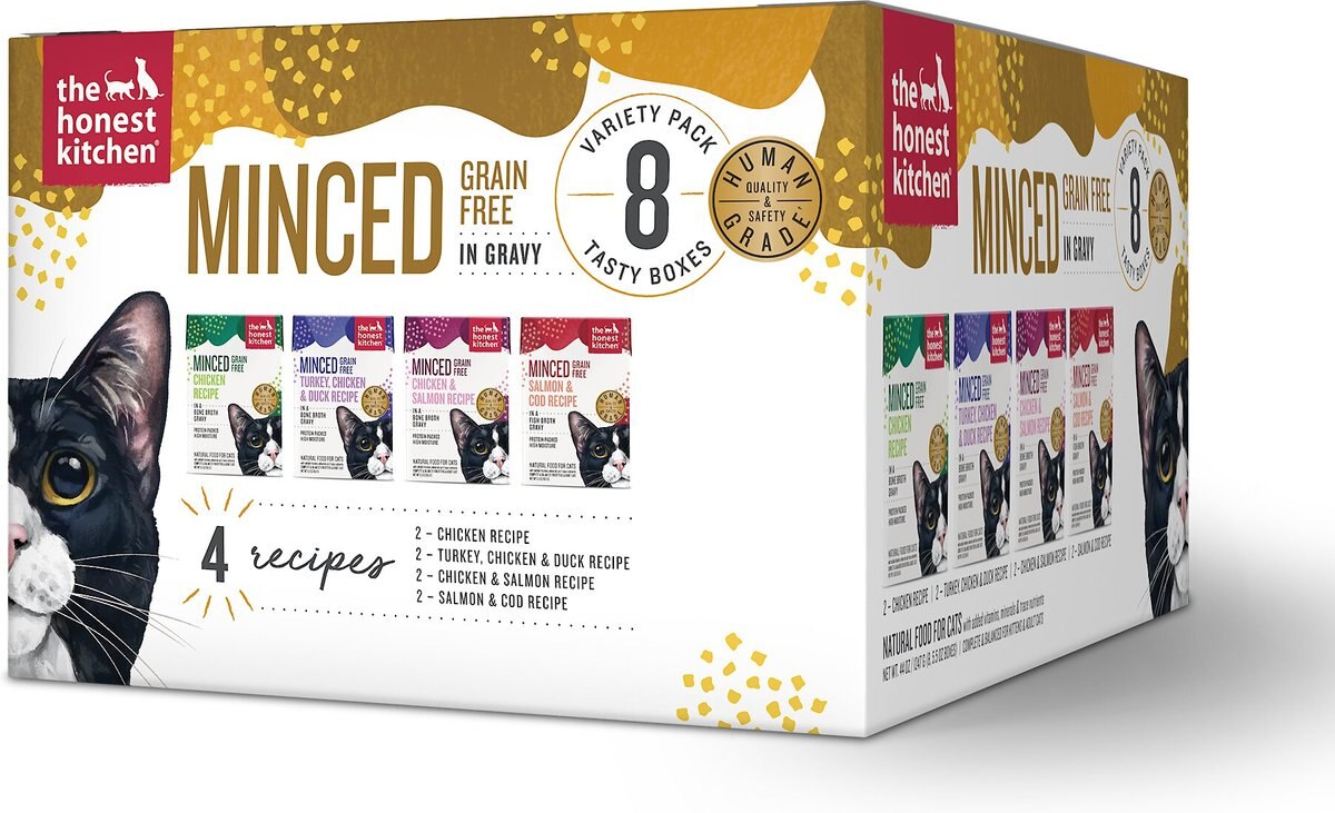 The Honest Kitchen Grain-Free Variety Pack Minced in Gravy Wet Cat Food， 8 count