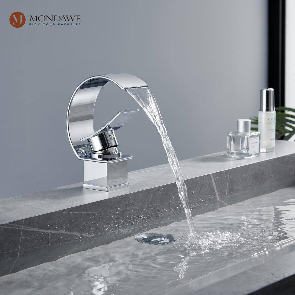 Mondawe Luxury C Waterfall Single Lever Handle Arc Spout Single-Hole Bathroom Sink Faucet with Pop-up Drain in Polish Chrome WF-1381-C