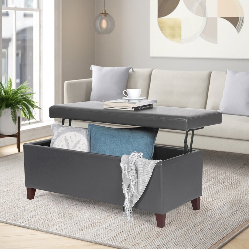 Adeco Faux Leather Tufted Lift Top Storage Ottoman Bench Footstool