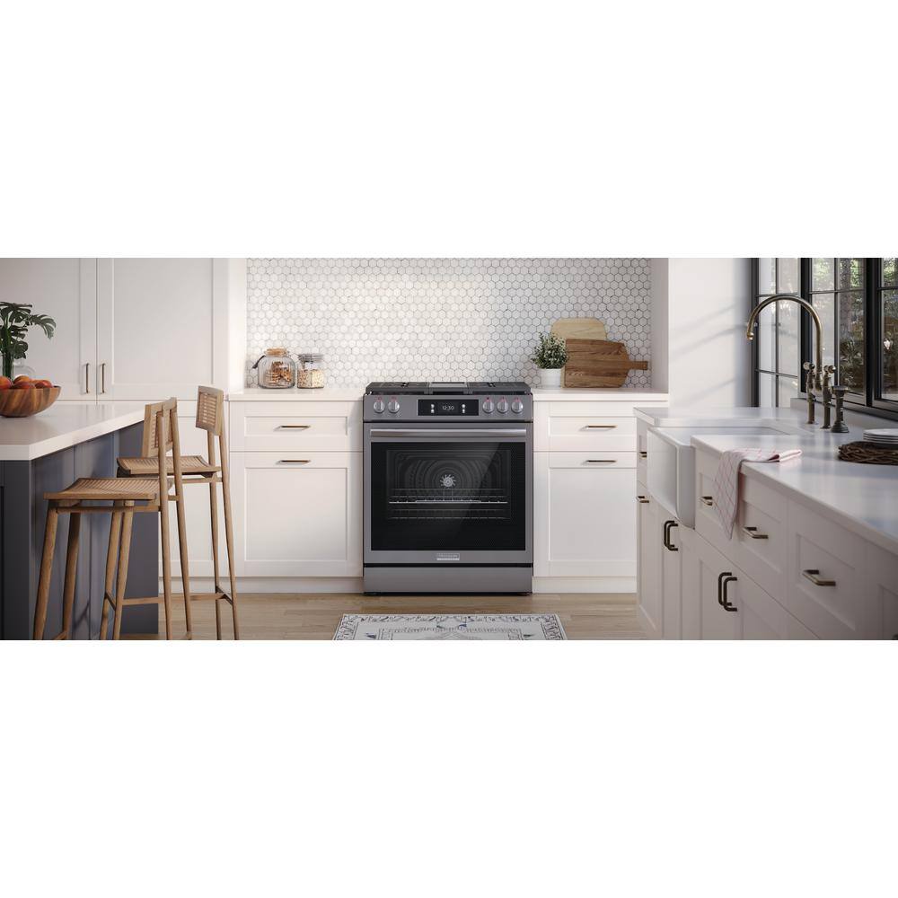 FRIGIDAIRE GALLERY 30 in. 6 cu. ft. 5 Burner Slide-In Gas Range with Total Convection in Air Fry in Smudge Proof Stainless Steel GCFG3060BF