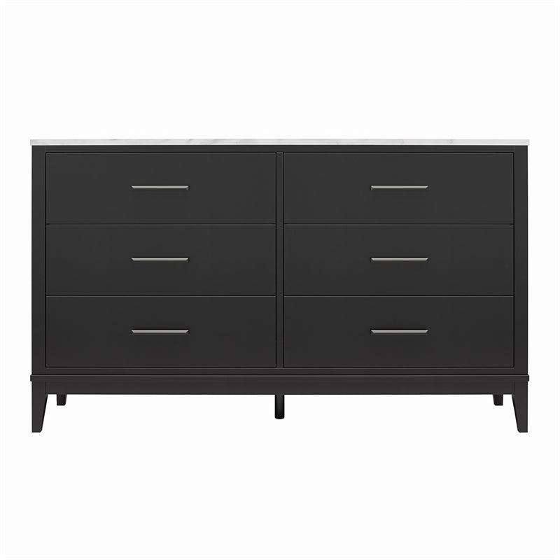 Ameriwood Home Lynnhaven Wide 6 Drawer Dresser in Black w/ White Marble Top