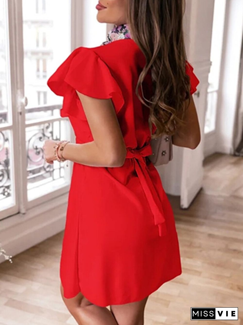 Summer Sexy V-Neck Short Sleeve Ruffle Dress Ladies Elegant Solid Color Lace-Up Mini Dress Women's Fashion Slim Commuter Dresses