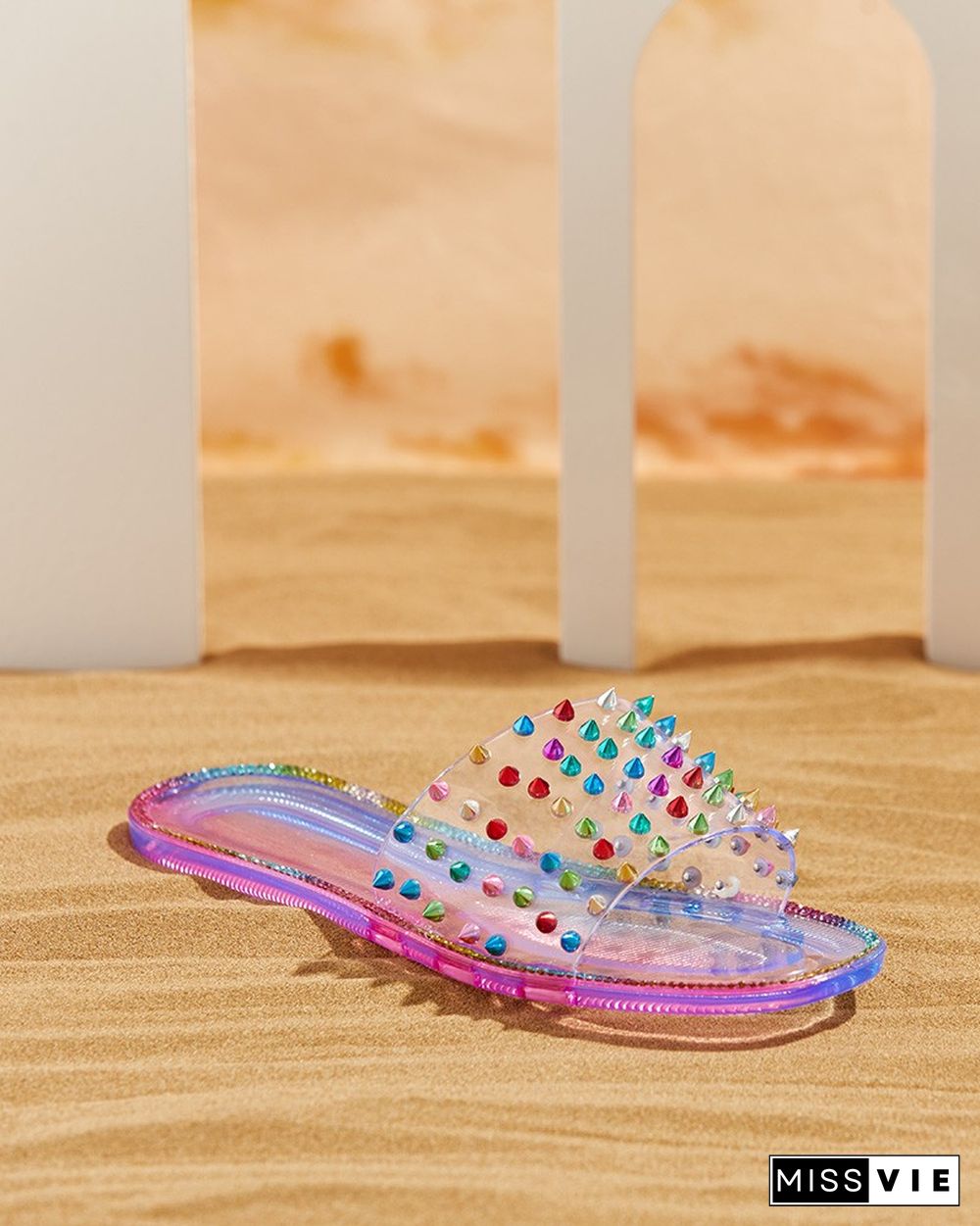 Colorful Rivet Clear Perspex Studded Slippers