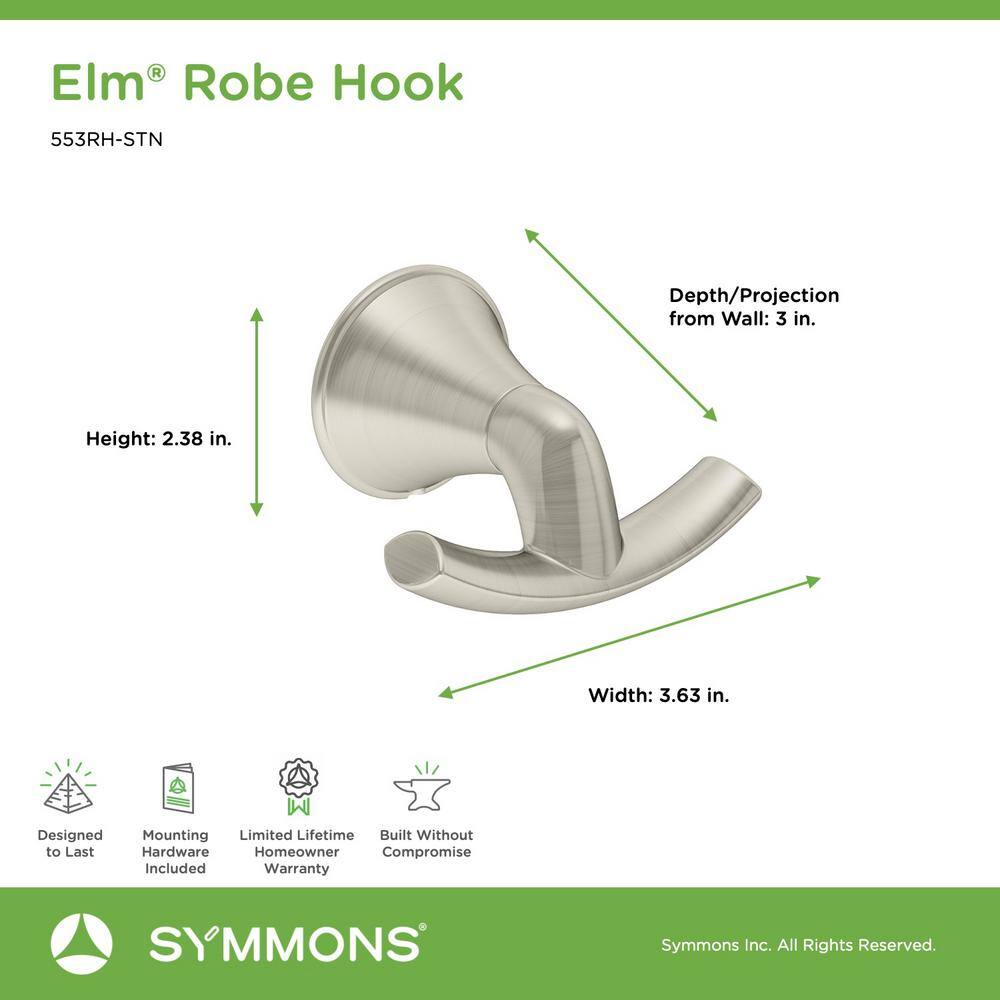 Symmons Elm Wall-Mounted Bathroom Double Robe Hook in Satin Nickel 553RH-STN