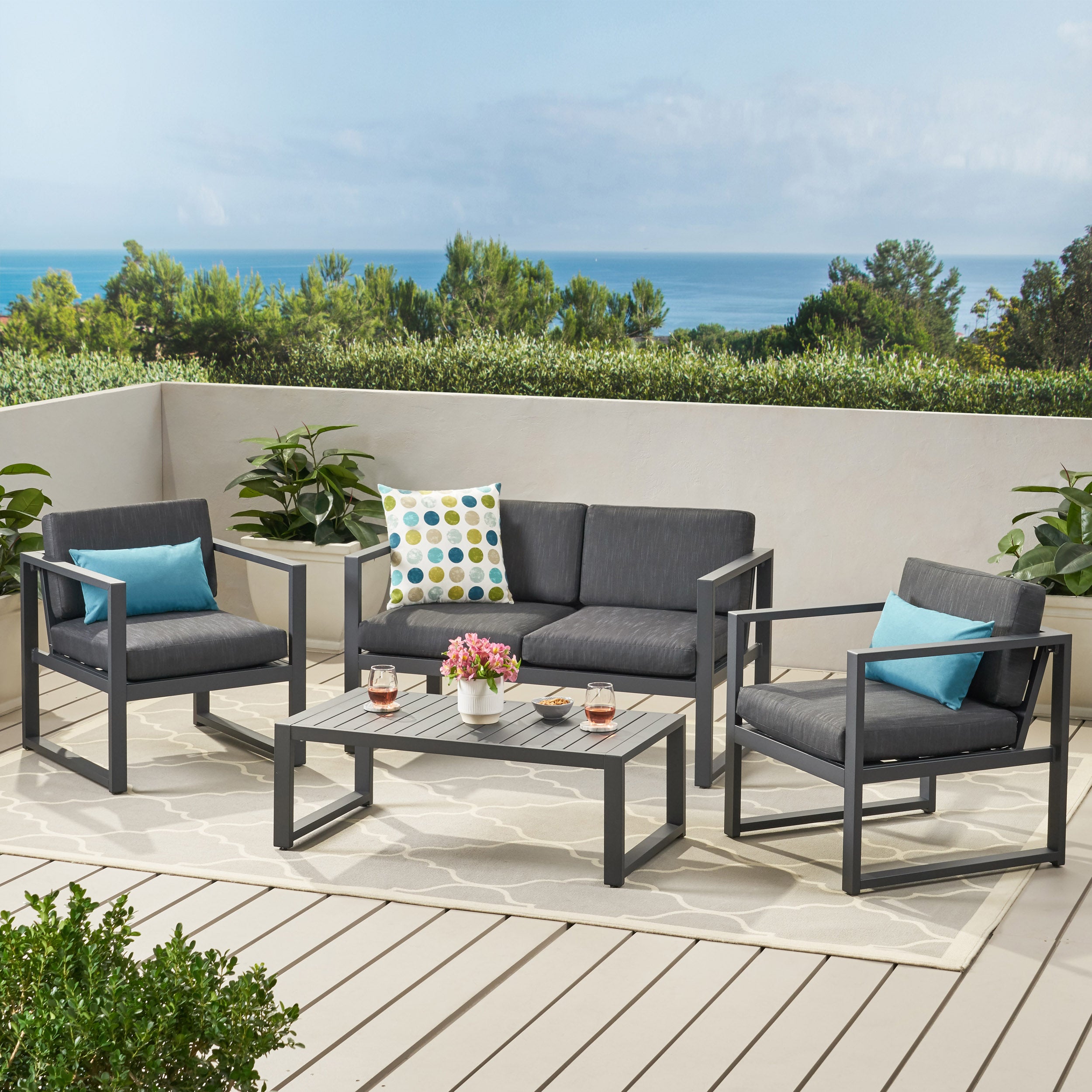 Nealie Modern Outdoor 4-Piece Dark Gray Aluminum Chat Set with Cushions