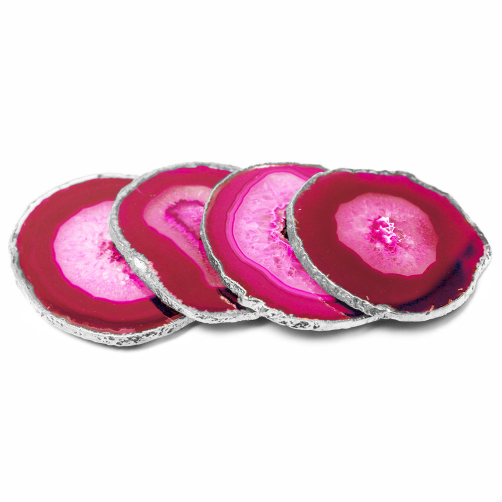 Modern Home Set of 4 Natural Agate Stone Coasters - Pink w/Silver Edge