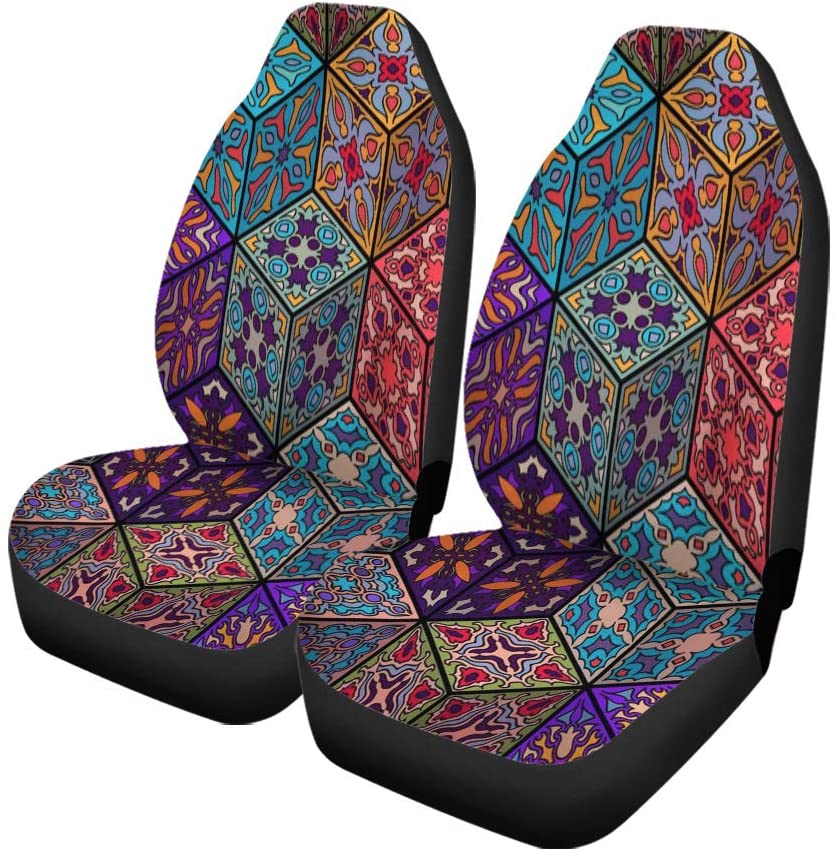 KXMDXA Set of 2 Car Seat Covers Abstract Colorful Vintage Floral and Mandala Carpet Ottoman Universal Auto Front Seats Protector Fits for Car，SUV Sedan，Truck