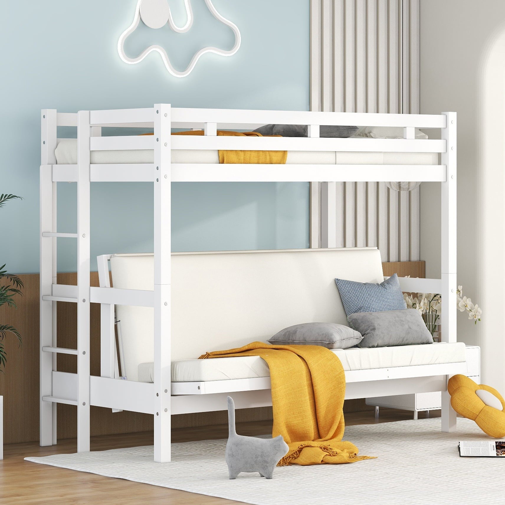 Bellemave Twin Over Full/Futon Bunk Beds, Wood Bunk Bed Frame can be Converted into Couch, 2 in 1 Detachable Bunk Bed for Kids Teens Adults (White)