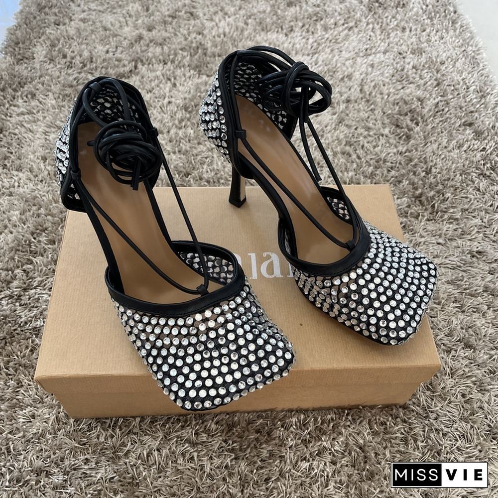 9CM High Heels Women Sandals Crystal Sandal Shoes Woman High Heel Shoe Womens Ankle Strap Summer Sandals Rhinestone Pumps