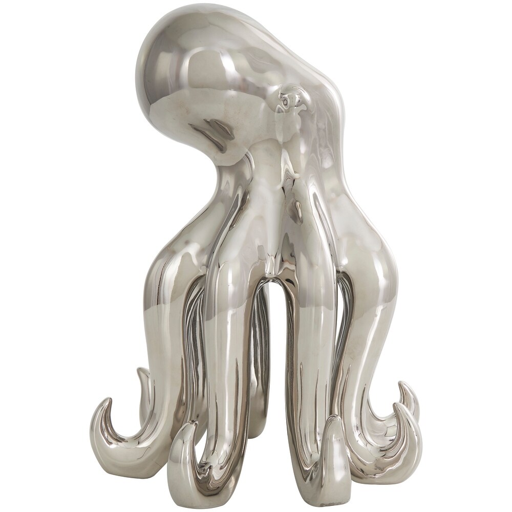 Silver Ceramic Tall Standing Octopus Sculpture