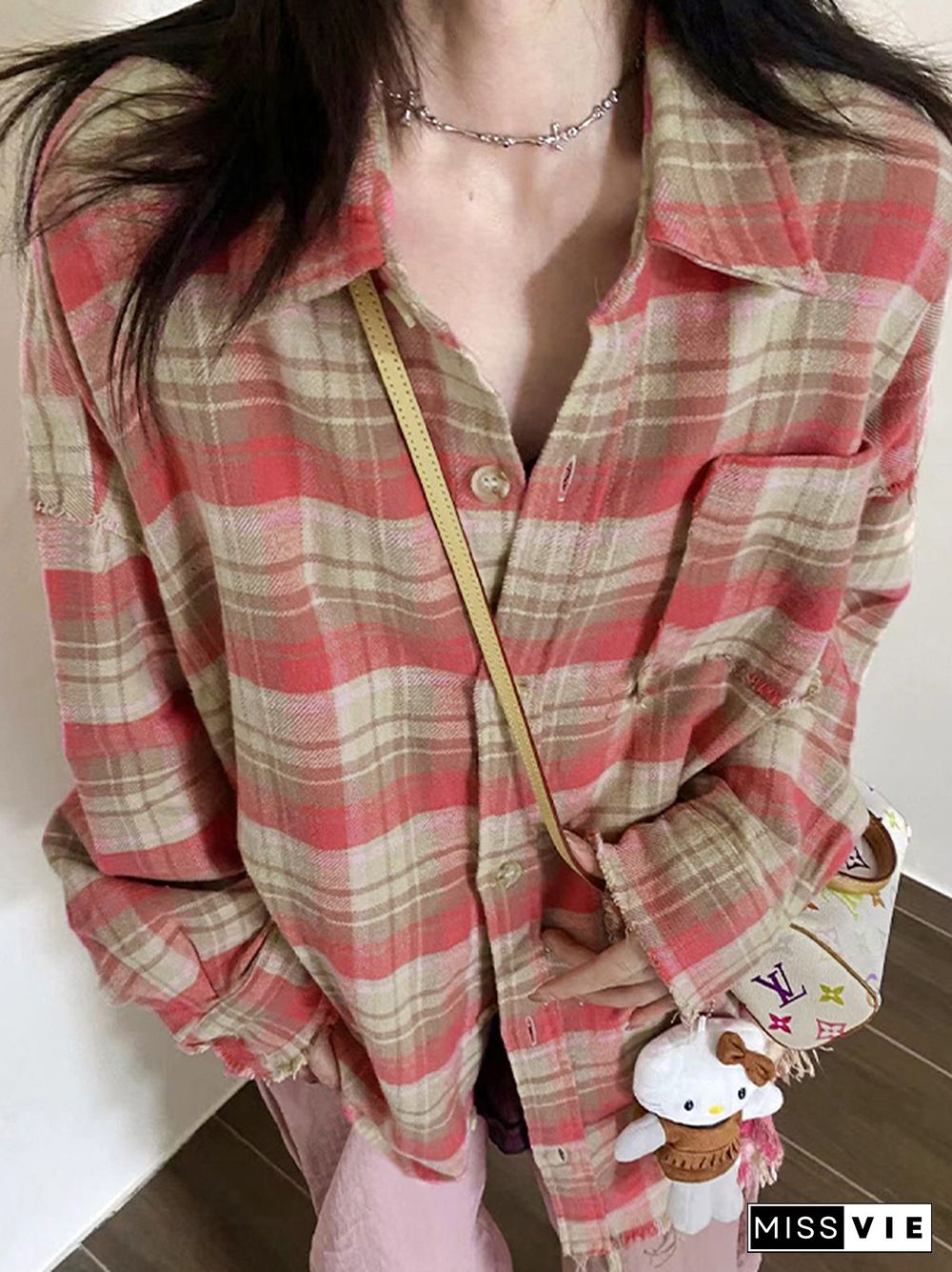 Vintage Plaid Tassel Raw Edge Design Long Sleeve Blouse