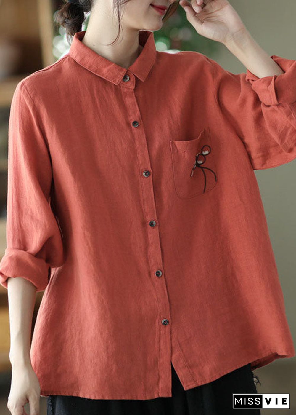 Modern Red Embroideried Button Patchwork Linen Shirt Top Spring