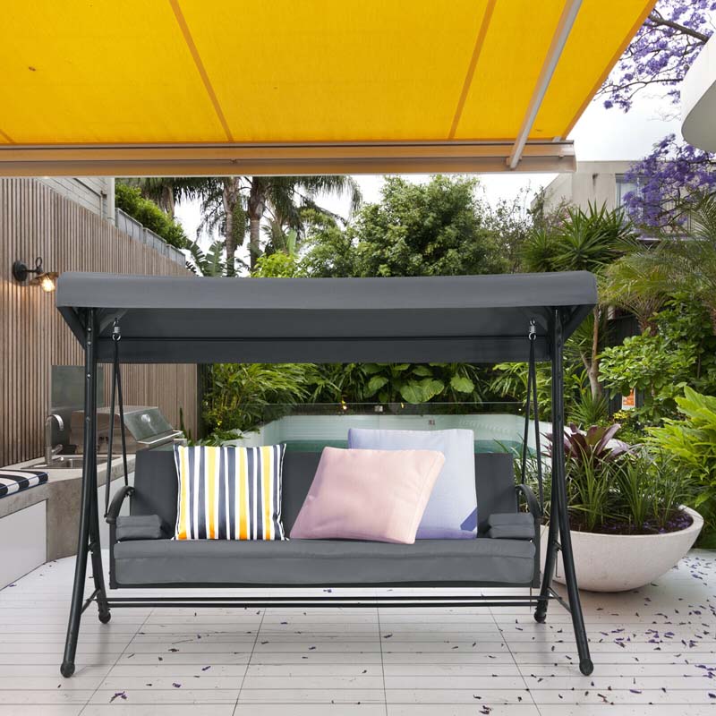 2-in-1 Convertible Metal Porch Swing Chair Bench Glider, 3-Seater Outdoor Patio Swing with Adjustable Tilt Canopy