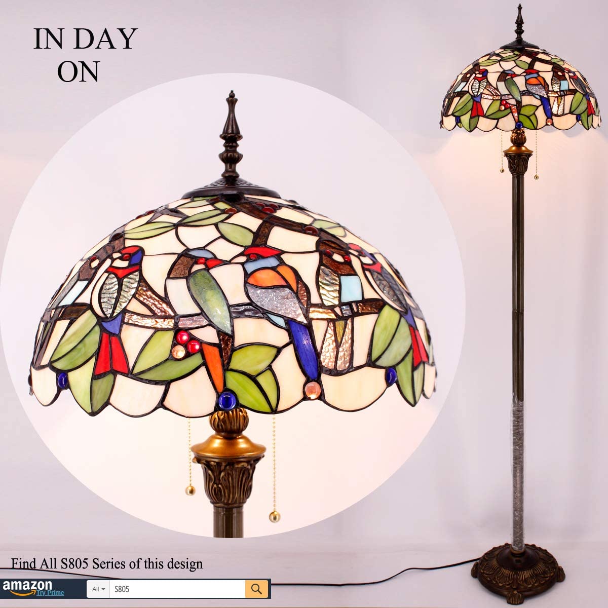 BBNBDMZ Tiffany Floor Lamp Double Birds Amber Stained Glass Standing Reading Light 16X16X64 Inches Antique Pole Corner Lamp Decor Bedroom Living Room  Office S805 Series