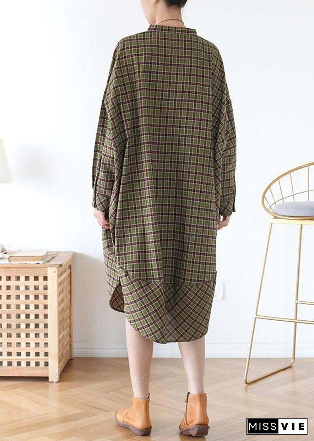 Women Green Plaid Long Shirt Mid Spring Cotton Dress