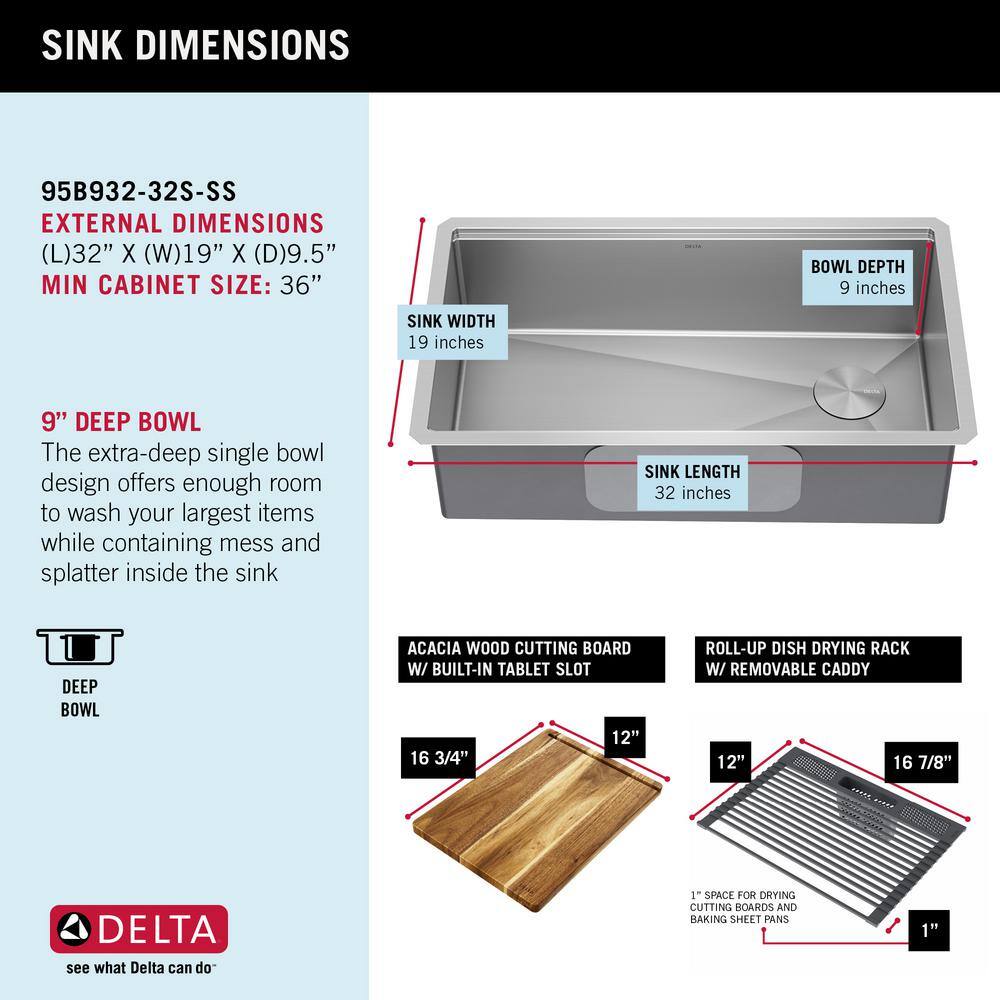 Delta Lorelai 16 Gauge Stainless Steel 32 in. Single Bowl Undermount Workstation Kitchen Sink with Accessories 95B932-32S-SS