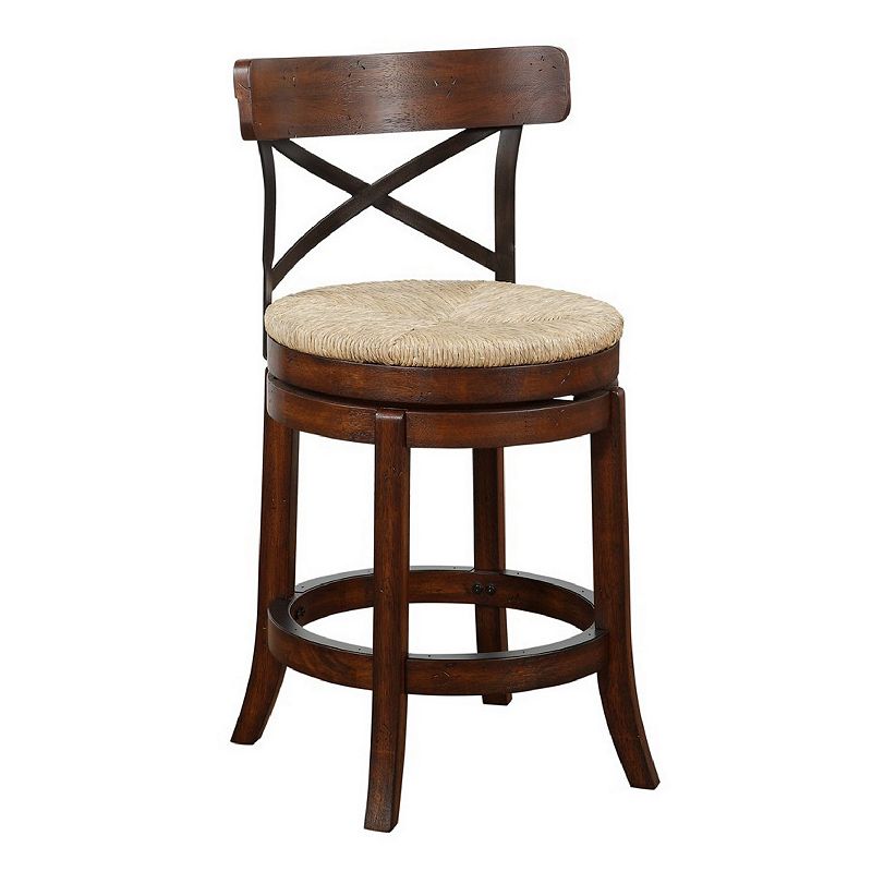 Mia 24 Inch Swivel Counter Stool， Crossed Metal Back， Sedge Seat， Brown