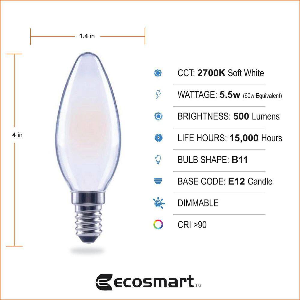 EcoSmart 60-Watt Equivalent B11 Dimmable Candelabra ENERGY STAR Frosted Glass Vintage Edison LED Light Bulb Soft White (3-Pack) FG-04074