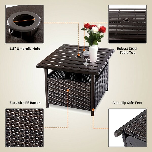 Costway Brown Rattan Wicker Steel Side Table Outdoor Furniture Deck