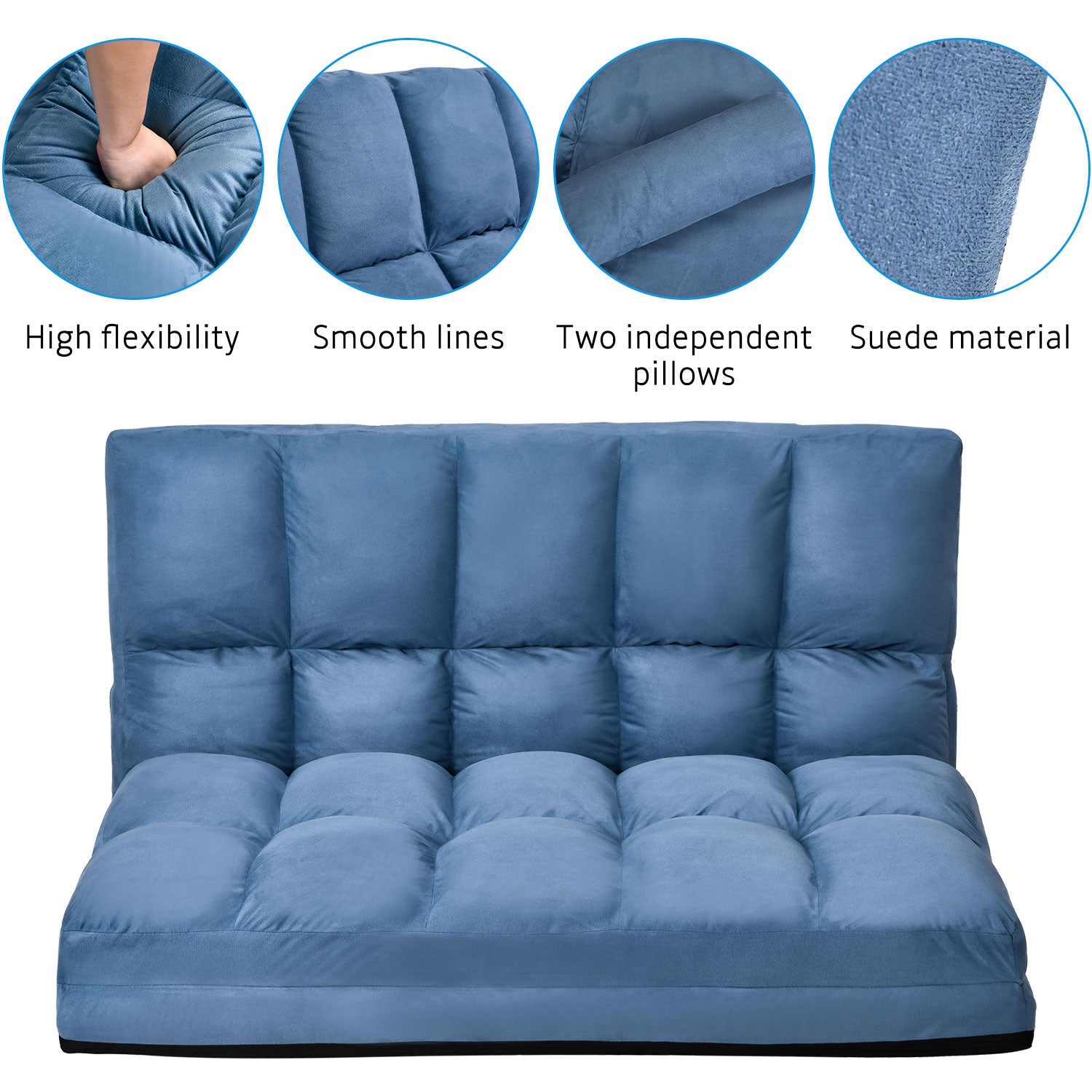 Double Chaise Lounge Sofa Floor Couch and Sofa with 2 Pillows for Living Room, Blue