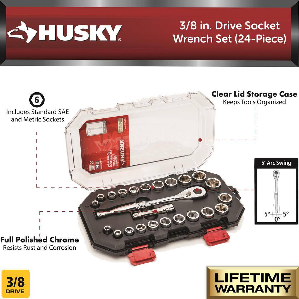 Husky 38 in. Drive Ratchet SAEMetric Standard Socket Set (24-Piece) H3D24PCSWS