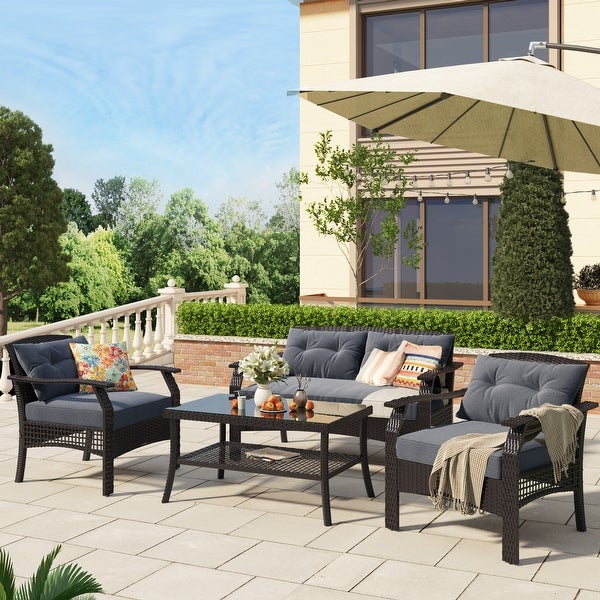 4 Piece Rattan Sofa Seating Group with Cushions， Outdoor Ratten sofa - Overstock - 33824781