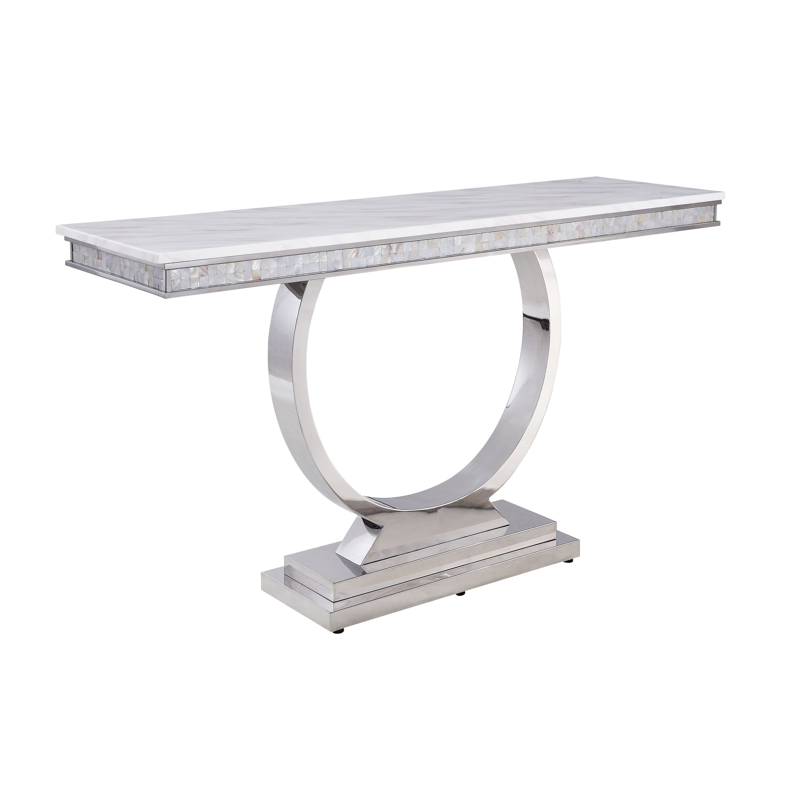 ACME Zander Sofa Table in White Printed Faux Marble and Mirrored Silver Finish