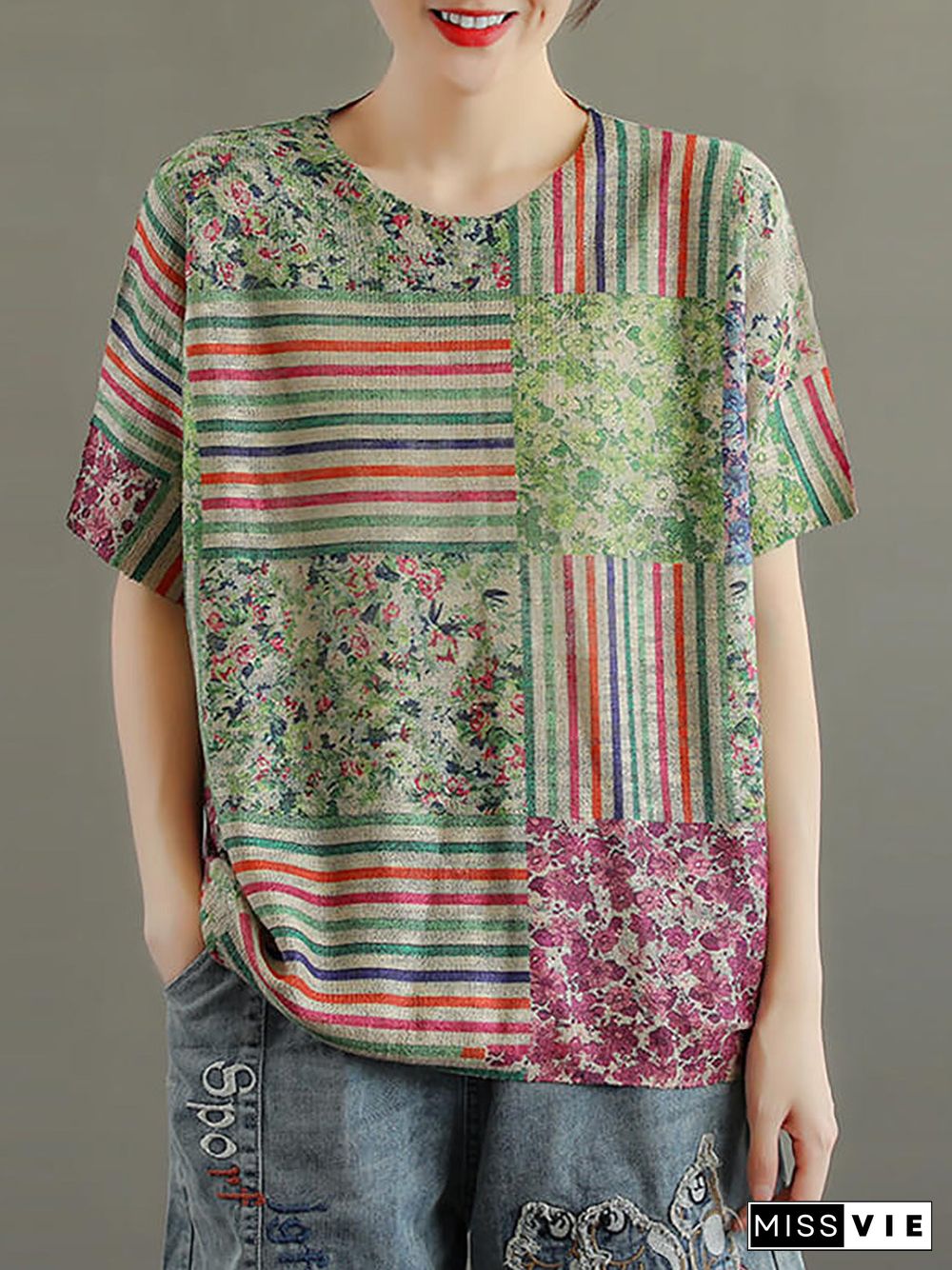 Plus Size - Cotton Floral Knitted Stitching Women T-shirt