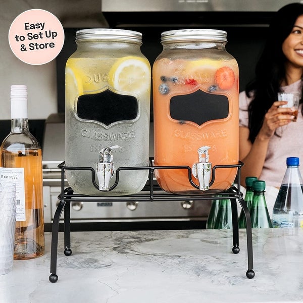 1 Gallon Double Glass Mason Jar Dispenser on Metal Stand with Spigot and Embossed Chalkboard and Chalk