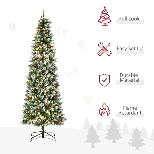 PreLit SnowDusted Artificial Christmas Tree with Realistic Branches，LED Lights，Pine Cones，Red Berries