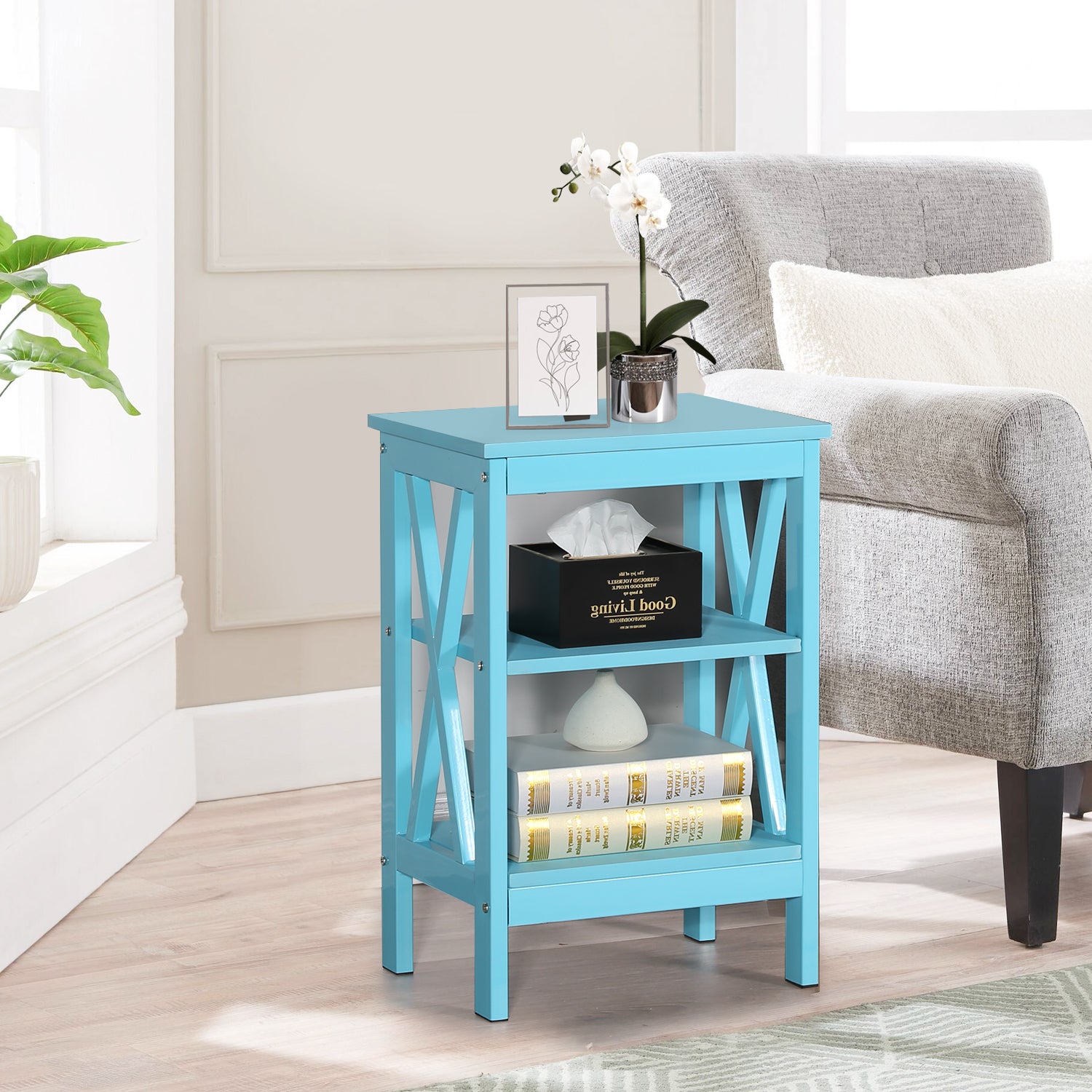 VECELO Set of 2 Nightstand End Table with 3-tier Storage Shelf for Living Room, Bedroom, Office, Light Blue