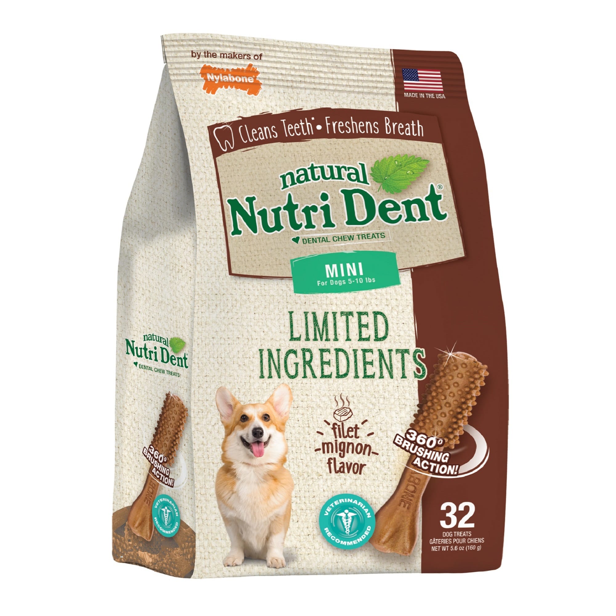 Nylabone Nutri Dent Limited Ingredients Mini Filet Mignon Dental Chews for Dogs， 13.7 oz.， Count of 78