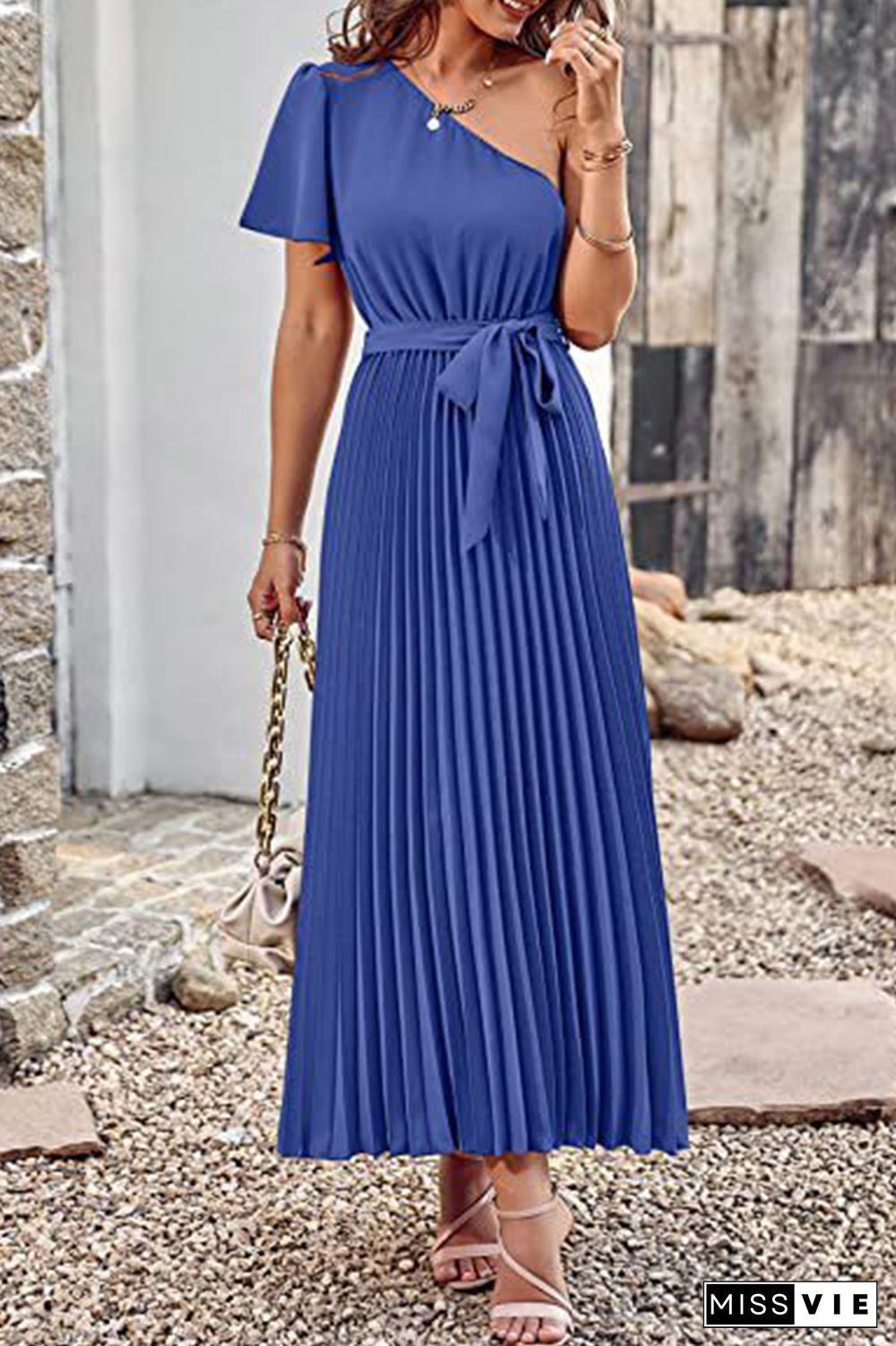 One SHoulder Short Sleeve Smock Maxi Dress