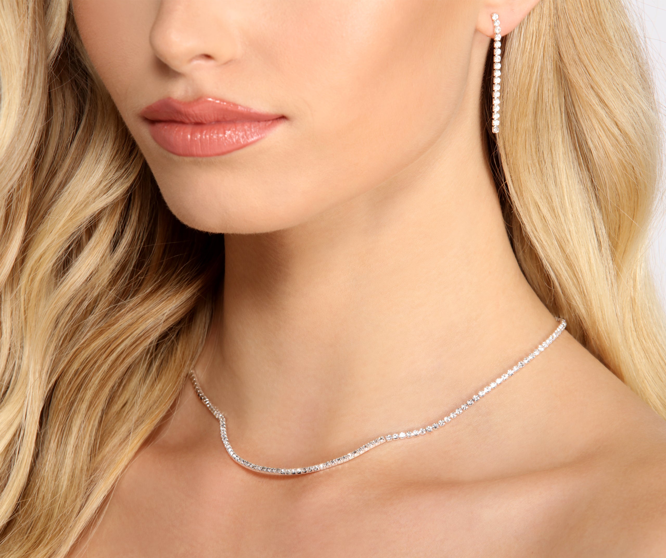 Make It Dainty Silver Rhinestone Necklace + Earring Set