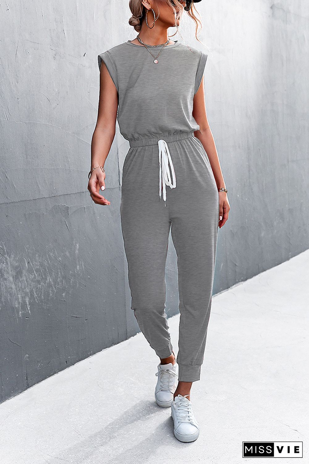 Solid Sleeveless Drawstring Waist Jumpsuit Wholesale