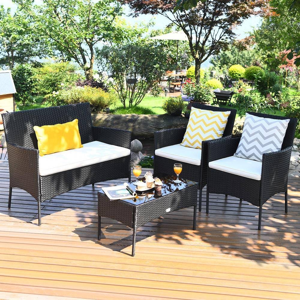 Costway 4-Piece Wicker Patio Conversation Set with White Cushions, Outdoor Rattan Furniture Set, Loveseat, Sofa Garden HW53485