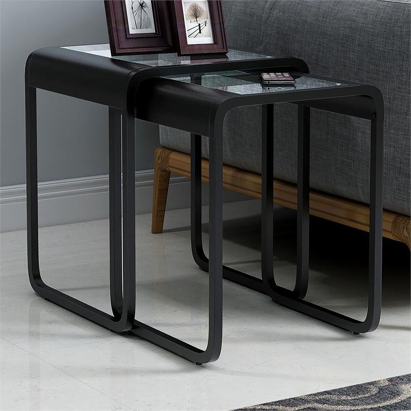 Furniture of America Shawton Glass Top 2 Piece Nesting Table Set in Black   Industrial   Coffee Table Sets   by Homesquare  Houzz