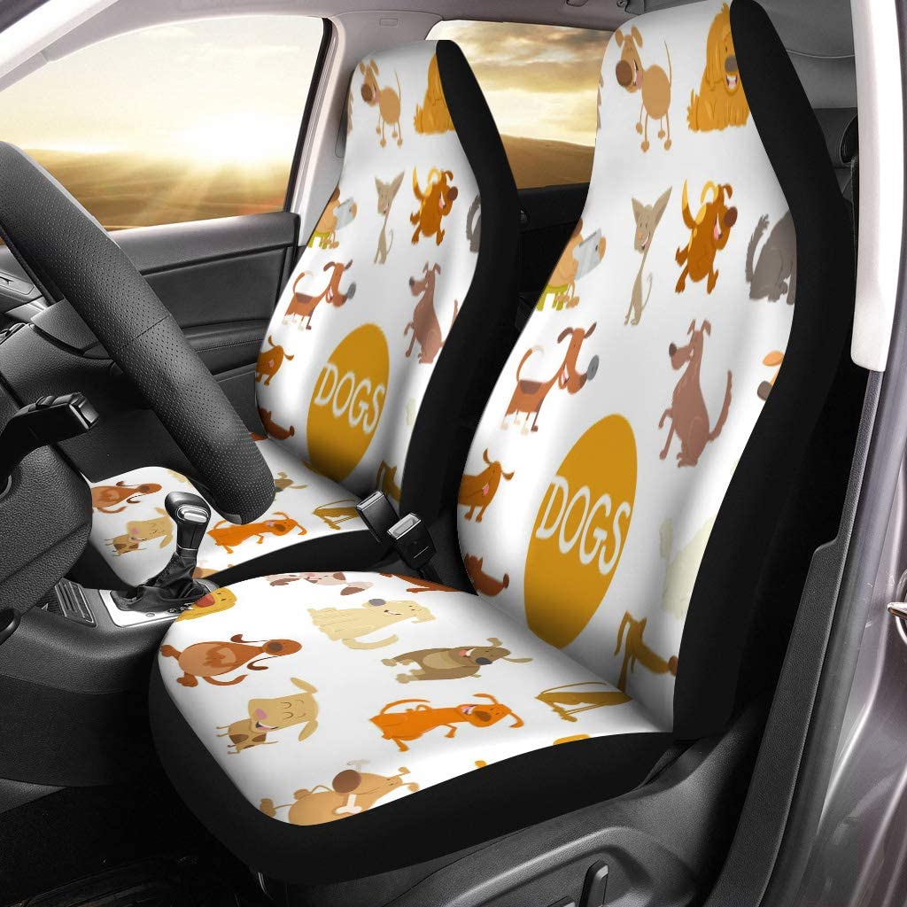 KXMDXA Set of 2 Car Seat Covers Breeds Cartoon of Funny Dogs Pet Characters Big Universal Auto Front Seats Protector Fits for Car，SUV Sedan，Truck