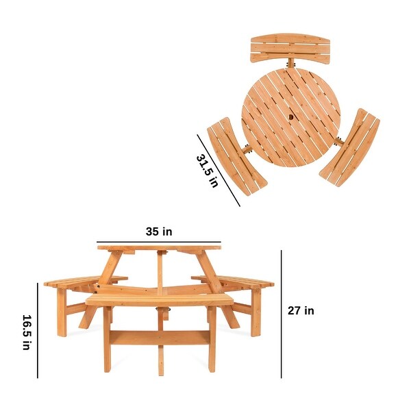 6Person Circular Wooden Picnic Table w/ Umbrella Hole，3 Benches