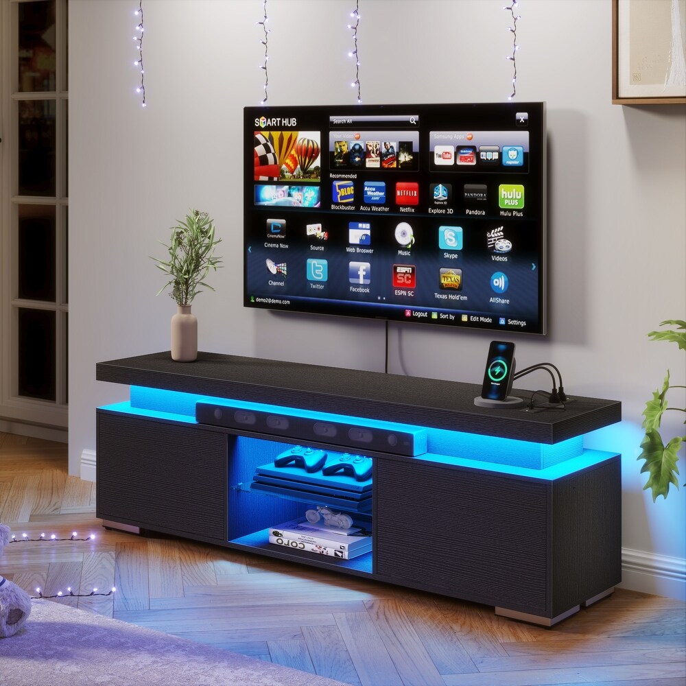 Modern LED Entertainment Center TV Stand Media Console with Power Outlets USB Port