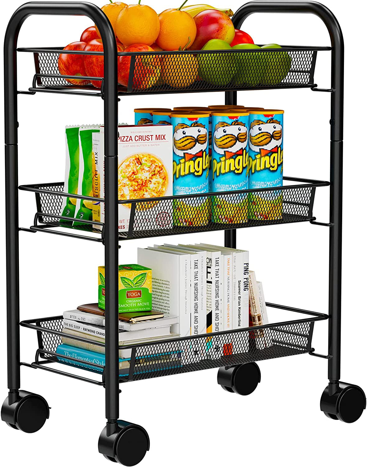 AMERIERGO 3-Tier Rolling Utility Cart Multifunction Metal Storage Cart with 3 Wire Baskets and Lockable Wheels for Home， Office， Kitchen， Bathroom， Bedroom