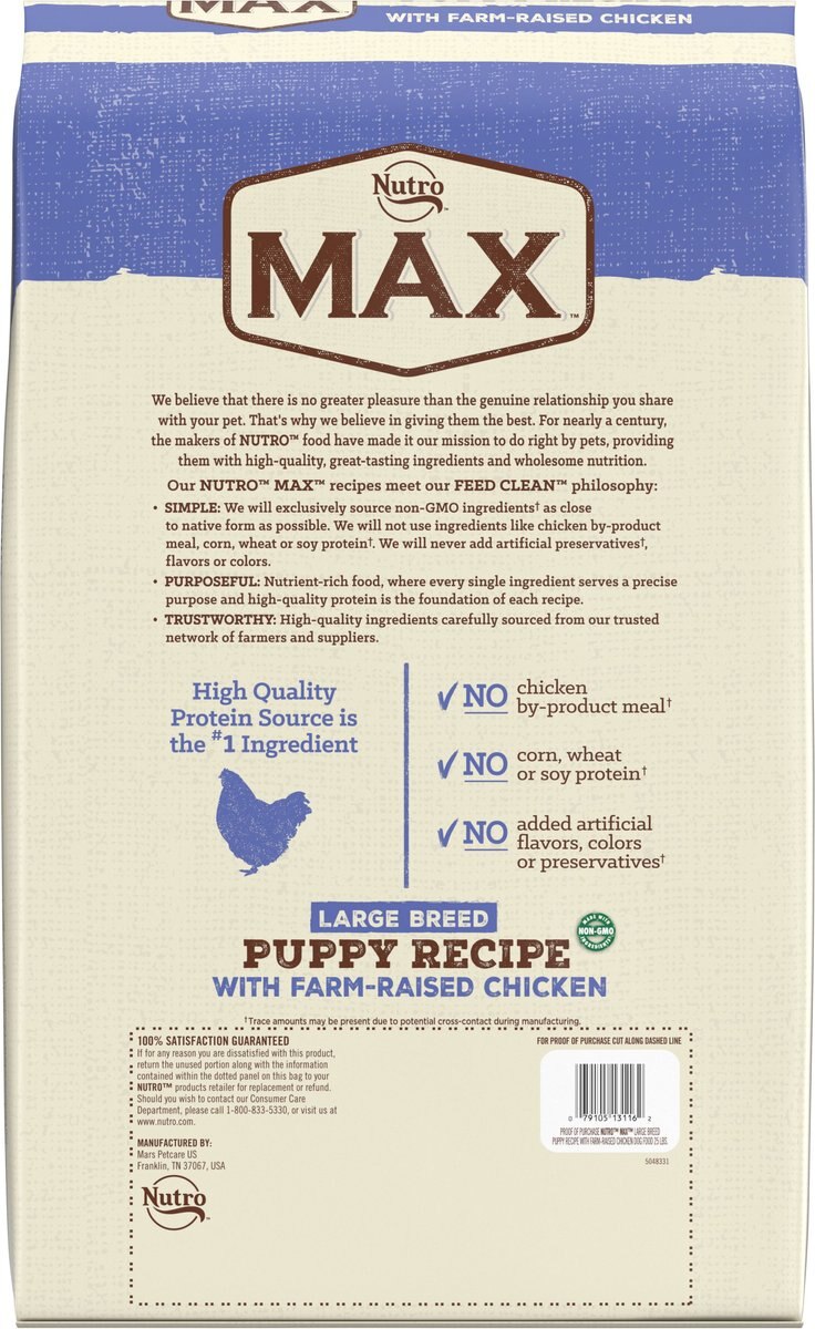 Nutro Max Large Breed Puppy Farm-Raised Chicken Recipe Natural Dry Dog Food， 25-lb bag